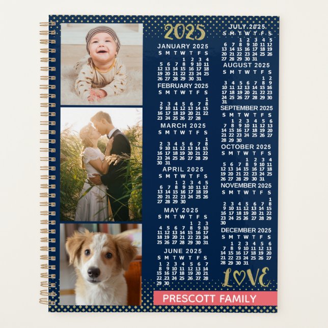 2025 Calendar Navy Coral Gold Family Photo Collage Planner (Front)