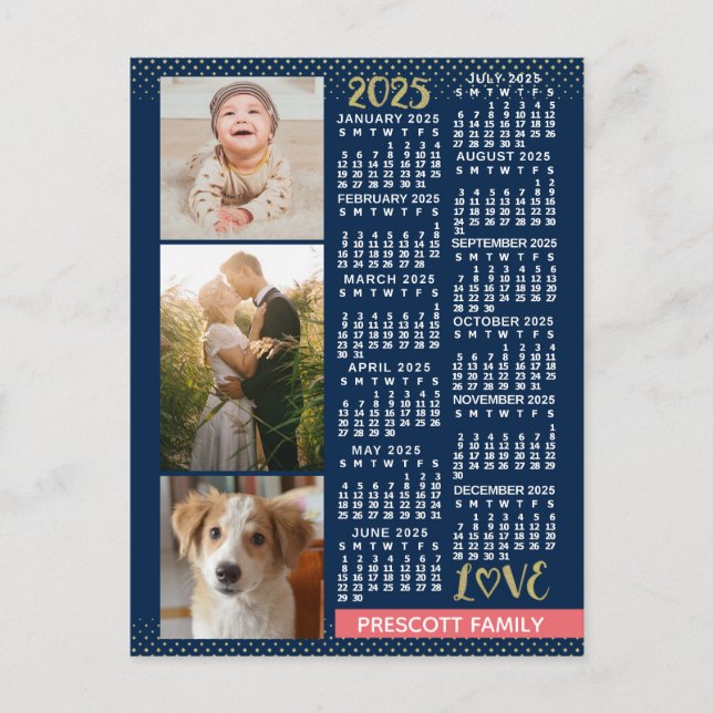 2025 Calendar Navy Coral Gold Family Photo Collage Postcard (Front)