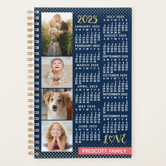 2025 Calendar Navy Coral Gold Photo Collage Small Planner (Front)