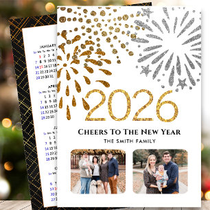 2025 Calendar New Year Firework Gold Family Photo  Holiday Card