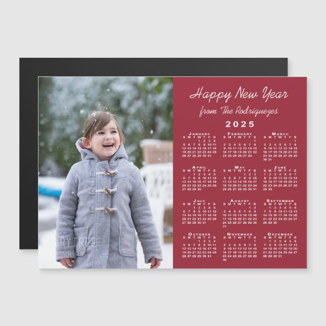 2025 Calendar Photo Happy New Year Burgundy Magnet (Front/Back)