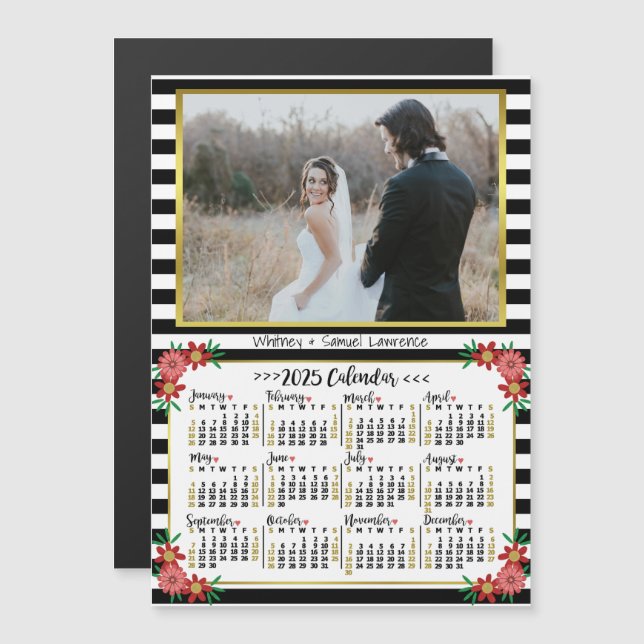 2025 Calendar Preppy Floral Stripes | Custom Photo Magnetic Invitation (Front/Back)
