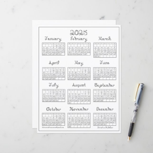 2025 Calendar Printable Silver Grey Fabric Font (Front/Back In Situ)