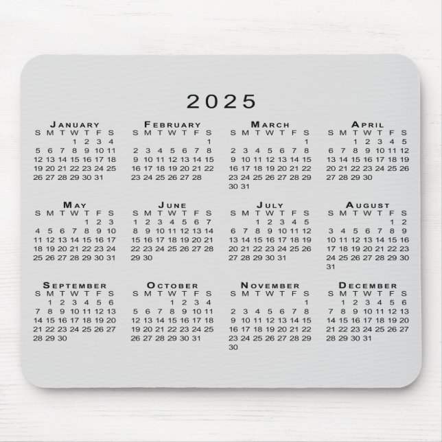 2025 Calendar Simple Grey and Black Mouse Mat (Front)