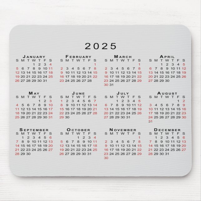 2025 Calendar Simple Grey Black Red Mouse Mat (Front)