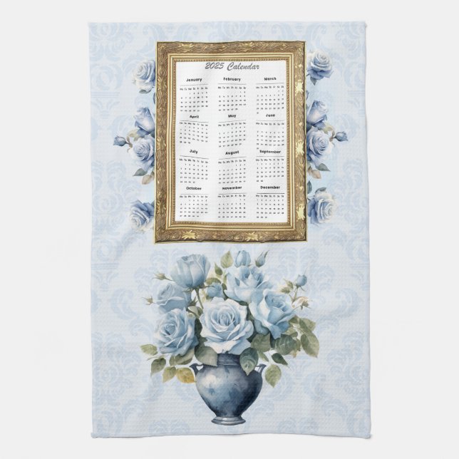 2025 Calendar Towel Blue Rose Kitchen Towel (Vertical)