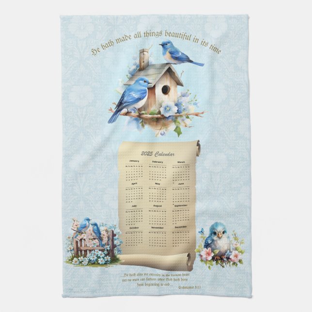 2025 Calendar Towel Bluebirds Birdhouse Ecc 3:11 (Vertical)