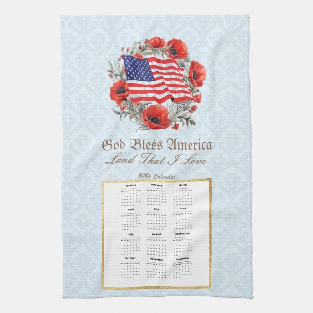 2025 Calendar Towel God Bless America Flag Poppies (Vertical)