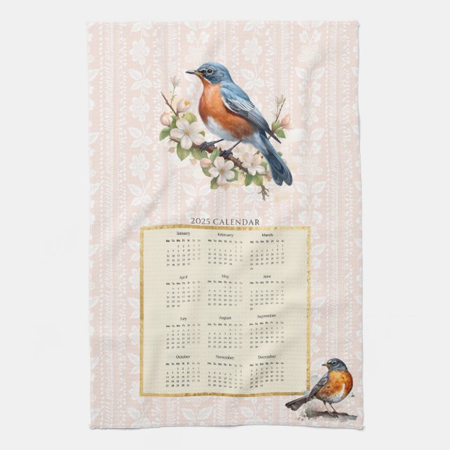 2025 Calendar Towel Robin Bird Peach Damask (Vertical)