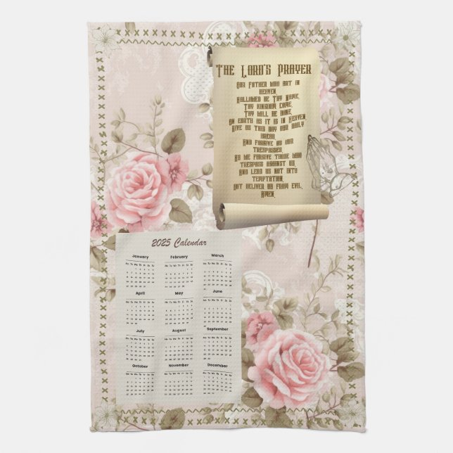 2025 Calendar Towel The Lord's Prayer Pink Roses (Vertical)