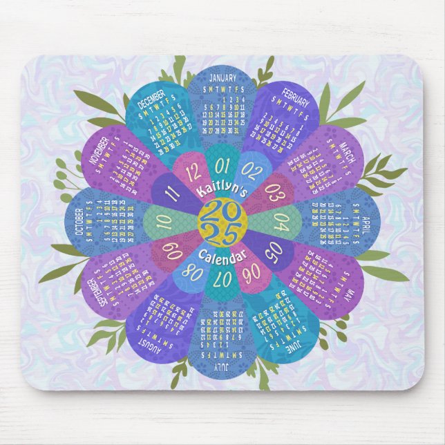 2025 Calendar Unique Boho Purple Flower Custom Mouse Mat (Front)
