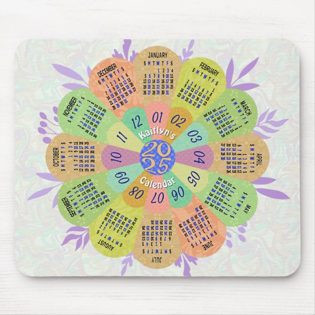 2025 Calendar Unique Boho Retro Flower Custom Name Mouse Mat (Front)