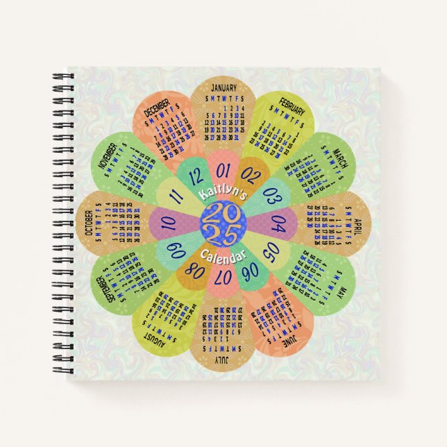 2025 Calendar Unique Boho Retro Flower with Name Notebook (Front)