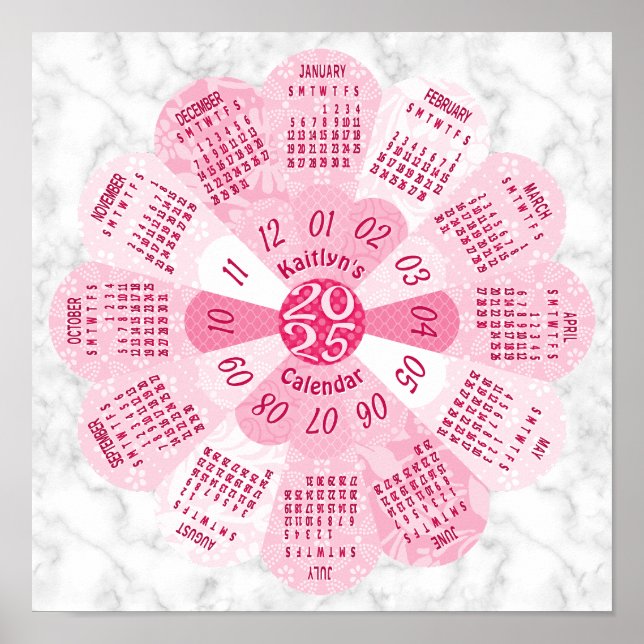 2025 Calendar Unique Round Boho Pink Flower Custom Poster (Front)