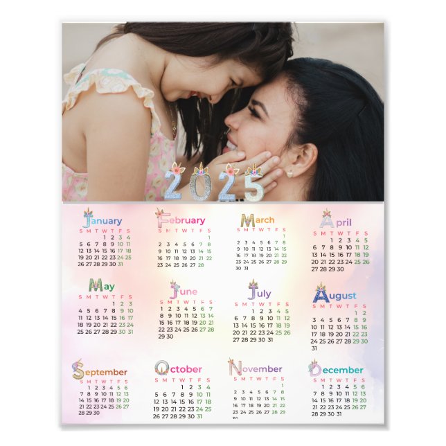 2025 Calendar Watercolor Unicorn Pink Rainbow Photo Print (Front)
