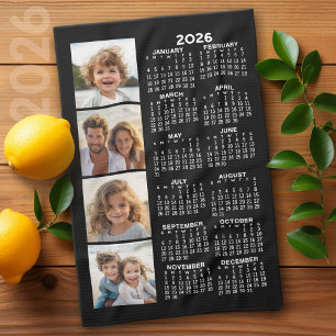 2025 Calendar with 4 Photo Collage Black Tea Towel