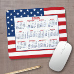 2025 Calendar with American Flag - Red White Blue Mouse Mat<br><div class="desc">A 2025 calendar with a red,  white and blue USA flag in the background. A fun item for the New Year.</div>