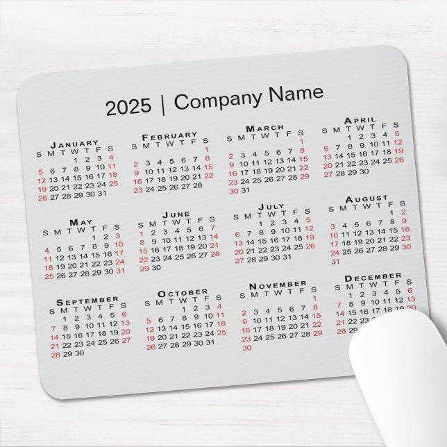 2025 Calendar with Company Name on Light Grey Mouse Mat (2025 Calendar with Company Name on Light Grey Mouse Pad in situ)