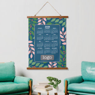 2025 Calendar with Logo - Botanical Blue Peach Hanging Tapestry