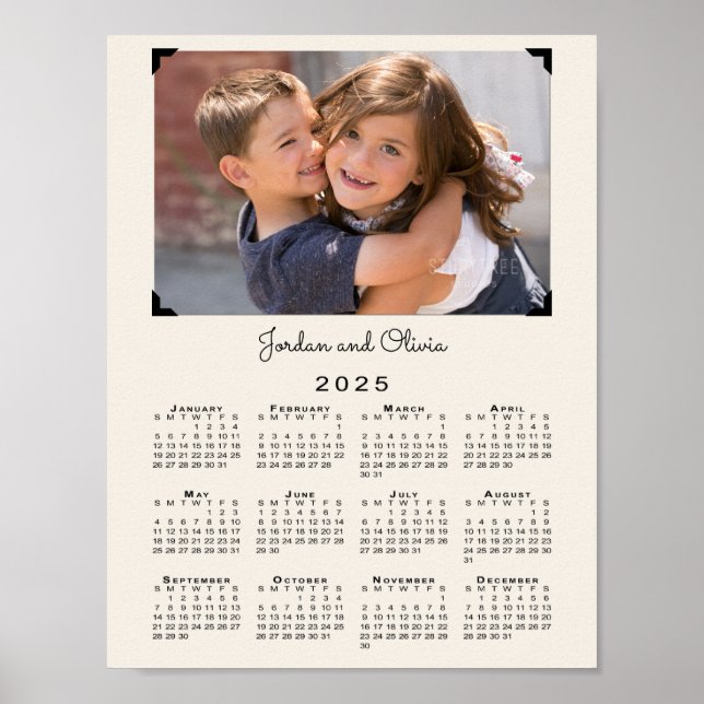 2025 Calendar with Your Photo and Name on Beige Poster (Front)