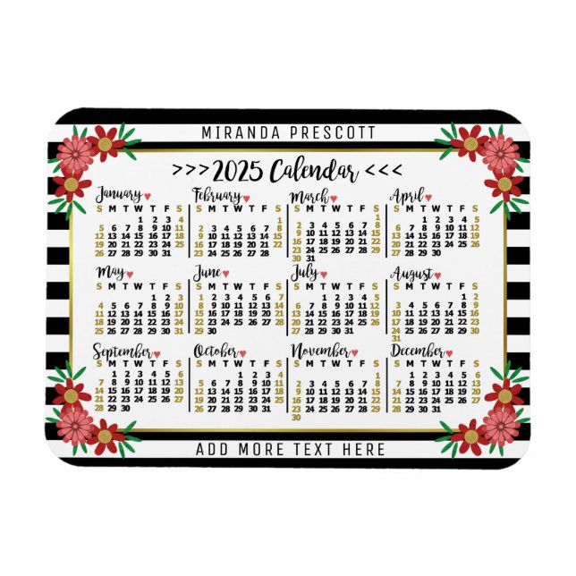 2025 Calendar Year Monthly Floral Stripes | Custom Magnet (Horizontal)