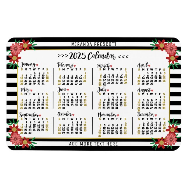 2025 Calendar Year Monthly Floral Stripes Preppy Magnet (Horizontal)
