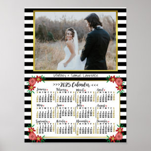 2025 Calendar Year Preppy Floral Stripes Photo Poster