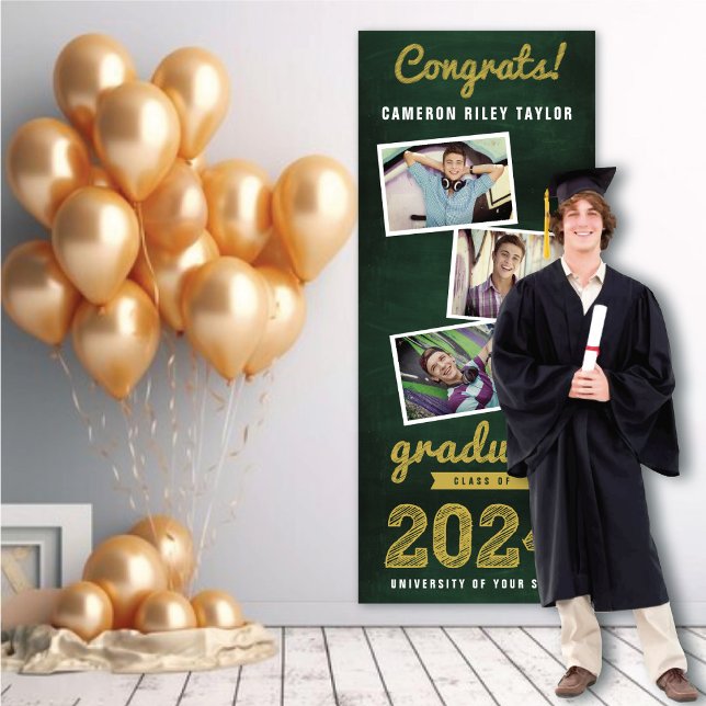2025 Chalkboard Sketch 3 Photo Graduation Party Banner (2024 Green Chalkboard & Gold Sketch 3 Photo Graduation Party Banner @ www.zazzle.com/color_therapy)