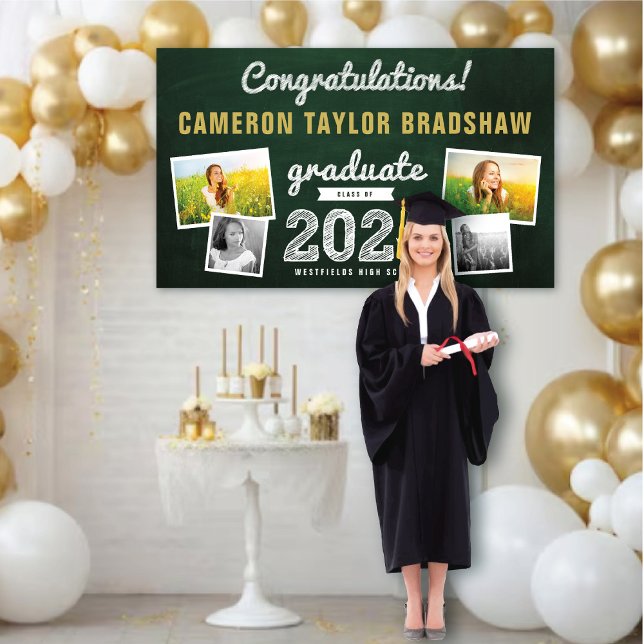 2025 Chalkboard Sketch 4 Photo Graduation Party Banner (2024 Green Chalkboard White Sketch, 4 Photo Graduation Party Banner @ www.zazzle.com/color_therapy)