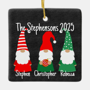 2025 Christmas Gnomes Cute Family 3 Kids Holiday Ceramic Ornament