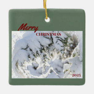 2025 Christmas Ornament:  Snow-covered Evergreen Ceramic Ornament