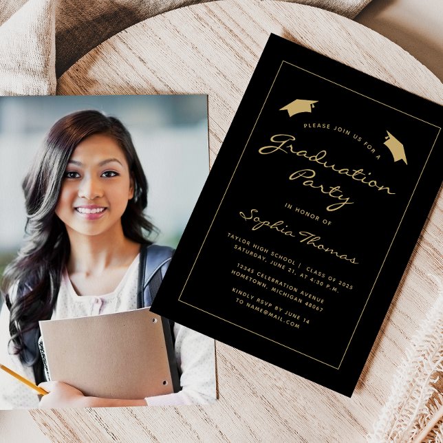 2025 Classic Black Gold Border Graduation Party Invitation (Creator Uploaded)