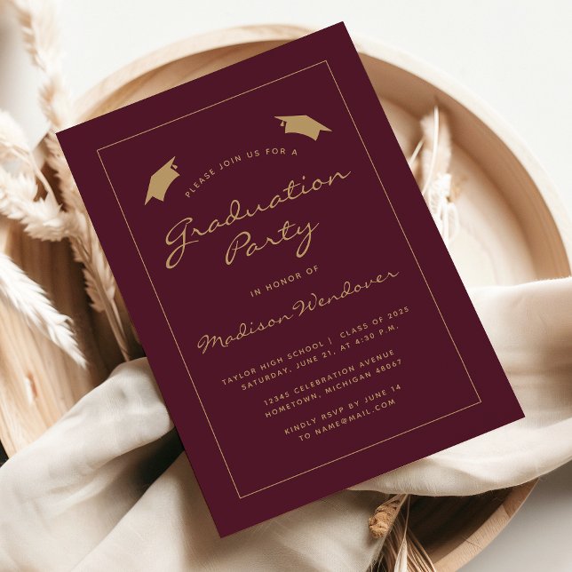 2025 Classic Burgundy Gold Border Graduation Party Invitation (Creator Uploaded)
