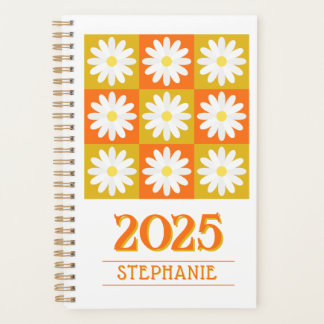2025 Custom Name Retro Daisy Chequerboard Floral Planner