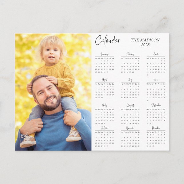 2025 Custom Photo & Family Name 12 Month Calendar  Holiday Postcard (Front)