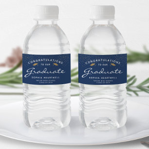2025 Dark Blue Gold Cap White Script Graduation Water Bottle Label
