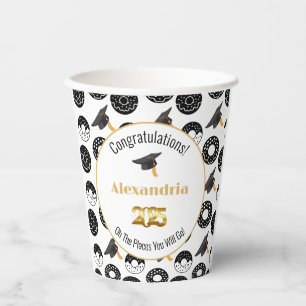 2025 Doughnuts and Degrees Modern Black and White Paper Cups