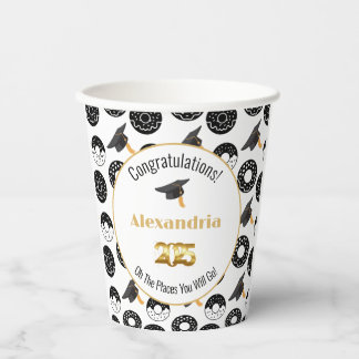 2025 Doughnuts and Degrees Modern Black and White Paper Cups