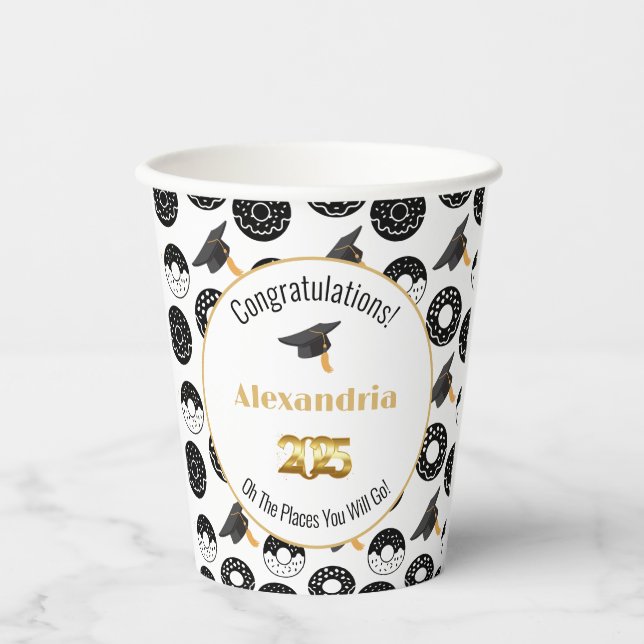 2025 Doughnuts and Degrees Modern Black and White Paper Cups (Front)
