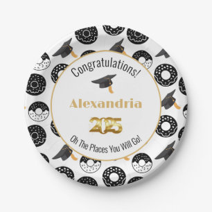 2025 Doughnuts and Degrees Modern Black and White Paper Plate