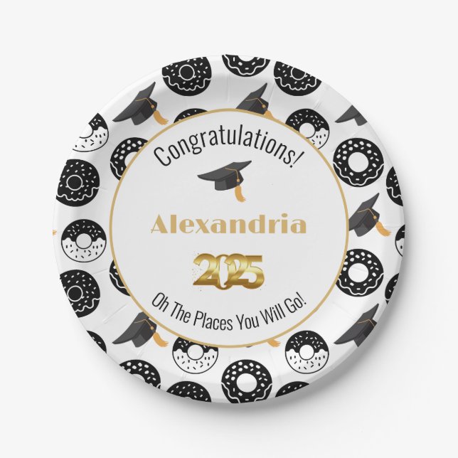 2025 Doughnuts and Degrees Modern Black and White Paper Plate (Front)