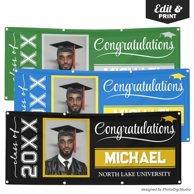 2025 Editable Graduation Banner with Name & School (2025 Editable Graduation Banner with Name & School, Black and Gold Banner Outdoor Horizontal)