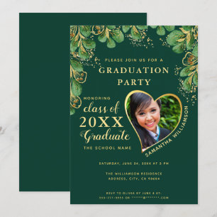 2025 Emerald Green Gold Floral Photo Graduation Invitation