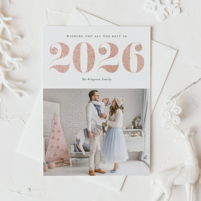 2025 Faux Rose Gold Glitter Modern Happy New Year Holiday Card (Ring in 2026 with this sparkly Happy New Year photo card featuring faux rose gold glitter.)