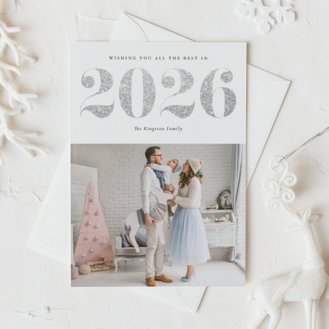 2025 Faux Silver Glitter Modern Happy New Year Holiday Card (Ring in 2026 with this sparkly Happy New Year photo card featuring faux silver glitter.)