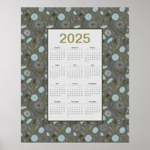 2025 Full Year Calendar Grey Blue Dandelion Poster