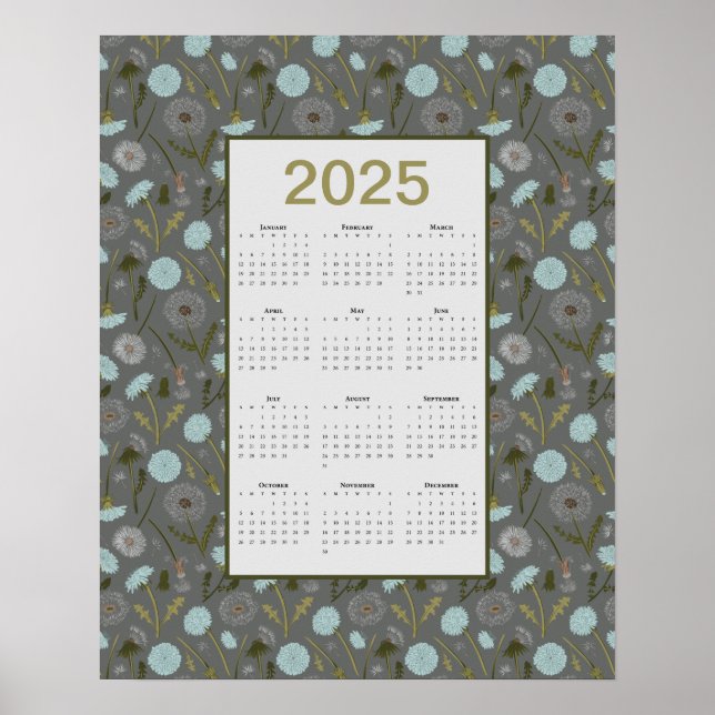 2025 Full Year Calendar Grey Blue Dandelion Poster (Front)