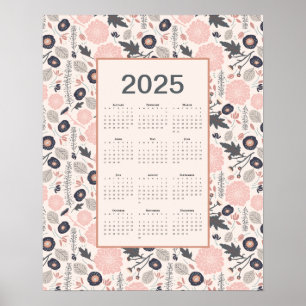 2025 Full Year Calendar Pink Grey Botanical Poster