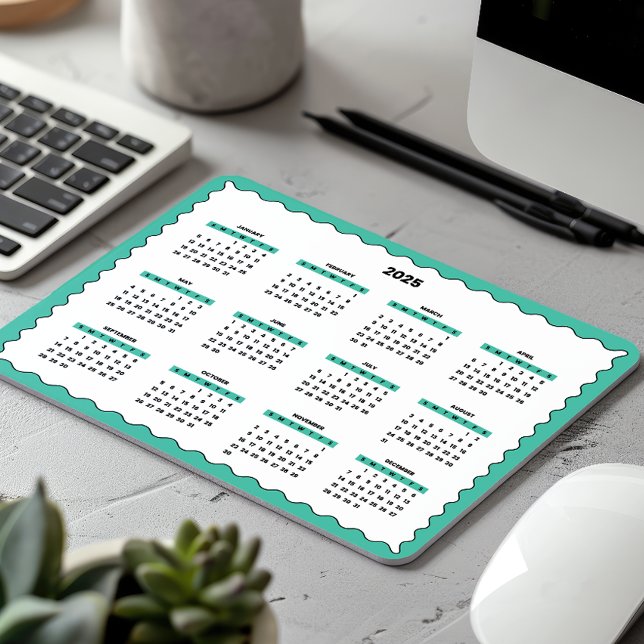 2025 Full Year Yearly Calendar Wavy Emerald Green Mouse Mat (Creator Uploaded)