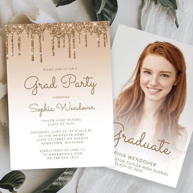 2025 Glam Gold Glitter Drip Photo Graduation Invitation (Creator Uploaded)